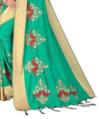 Green embroidered satin saree with blouse 4