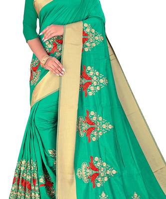 Green embroidered satin saree with blouse 5