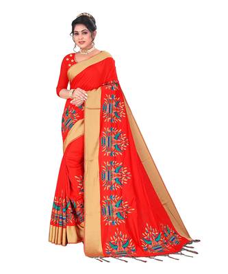 Orange embroidered satin saree with blouse 1