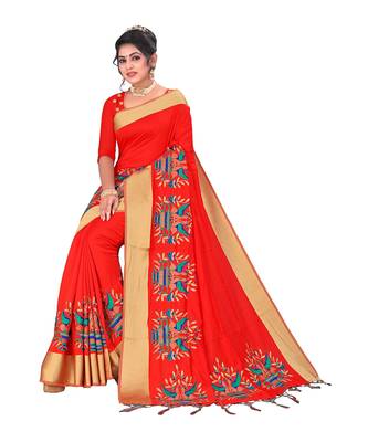 Orange embroidered satin saree with blouse 2