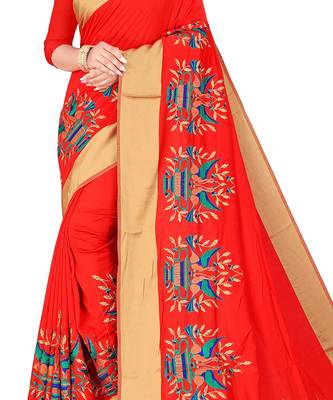 Orange embroidered satin saree with blouse 5