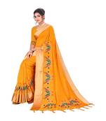 Yellow embroidered satin saree with blouse