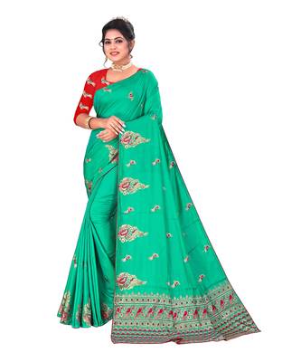 Green embroidered satin saree with blouse 1