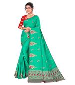 Green embroidered satin saree with blouse