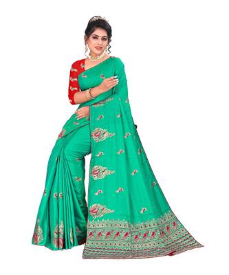 Green embroidered satin saree with blouse 2