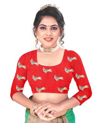 Green embroidered satin saree with blouse 3