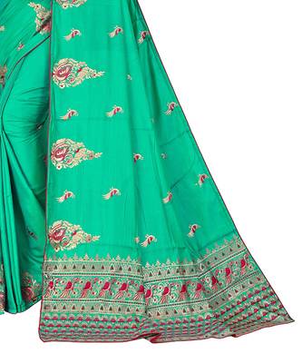 Green embroidered satin saree with blouse 4