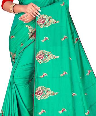 Green embroidered satin saree with blouse 5