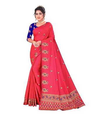 Pink embroidered satin saree with blouse 1