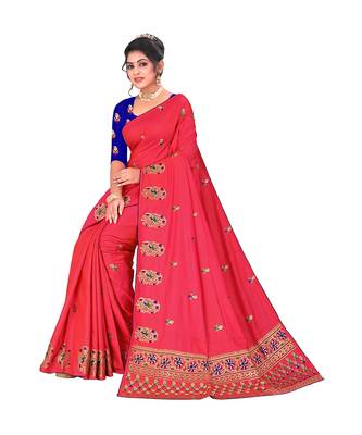 Pink embroidered satin saree with blouse 2