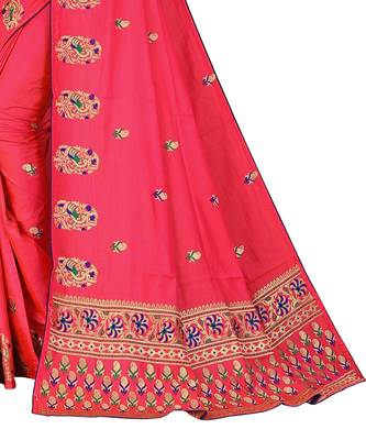 Pink embroidered satin saree with blouse 4