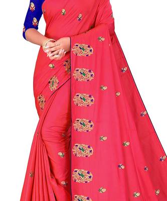 Pink embroidered satin saree with blouse 5