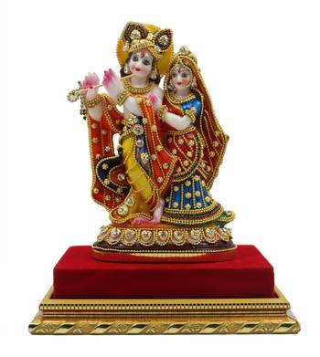 ESVAR STONECRAFT MDF Material Platform with Poly Resin Sculpture of Radha Krishna 1