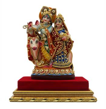 ESVAR STONECRAFT MDF Material Platform with Poly Resin Sculpture of Radha Krishna 1