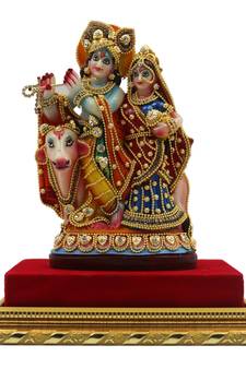 ESVAR STONECRAFT MDF Material Platform with Poly Resin Sculpture of Radha Krishna