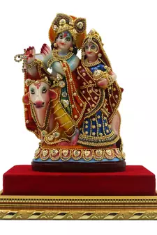 ESVAR STONECRAFT MDF Material Platform with Poly Resin Sculpture of Radha Krishna