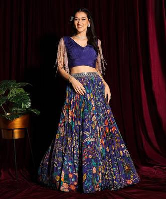 Purple Tassel Blouse Lehenga With Gathered Printed Skirt And Dupatta 2