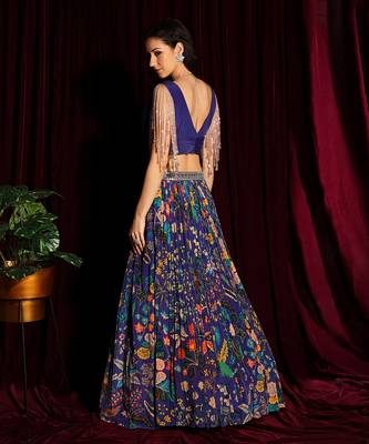 Purple Tassel Blouse Lehenga With Gathered Printed Skirt And Dupatta 3