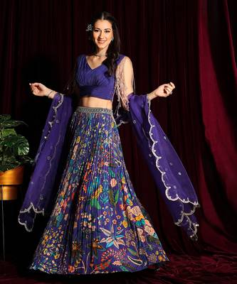 Purple Tassel Blouse Lehenga With Gathered Printed Skirt And Dupatta 1