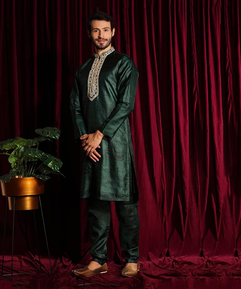 Bottle Green Cotton Silk Kurta Chudidar set