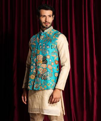 Turquise & Off White Cotton silk Kurta Chudidar with Raw silk Embroidered Bundi Set 2