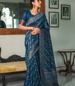Navy blue woven tussar silk saree with blouse