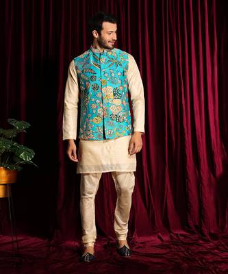 Turquise & Off White Cotton silk Kurta Chudidar with Raw silk Embroidered Bundi Set 1