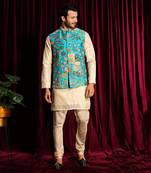 Turquise & Off White Cotton silk Kurta Chudidar with Raw silk Embroidered Bundi Set