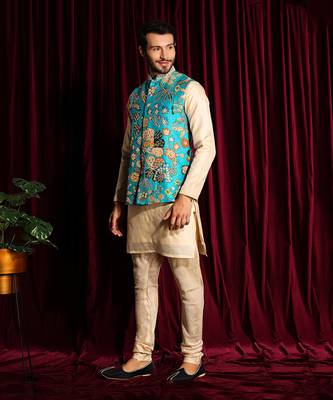 Turquise & Off White Cotton silk Kurta Chudidar with Raw silk Embroidered Bundi Set 3