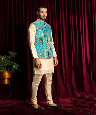 Turquise & Off White Cotton silk Kurta Chudidar with Raw silk Embroidered Bundi Set 4