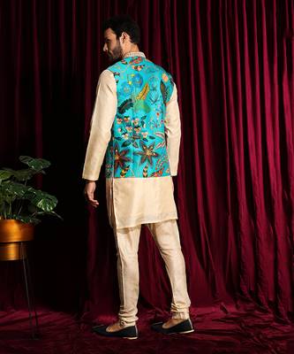 Turquise & Off White Cotton silk Kurta Chudidar with Raw silk Embroidered Bundi Set 5