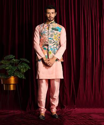 Blush Pink Cotton silk Kurta Chudidar with printed Raw silk Bundi Set 1