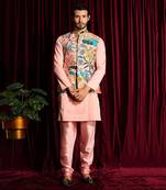 Blush Pink Cotton silk Kurta Chudidar with printed Raw silk Bundi Set