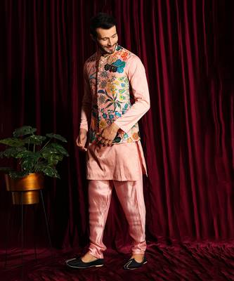 Blush Pink Cotton silk Kurta Chudidar with printed Raw silk Bundi Set 2