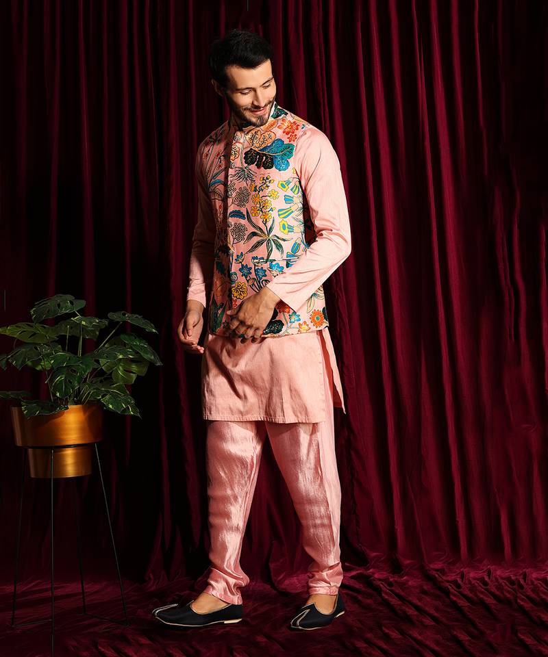 Blush Pink Cotton silk Kurta Chudidar with printed Raw silk Bundi Set