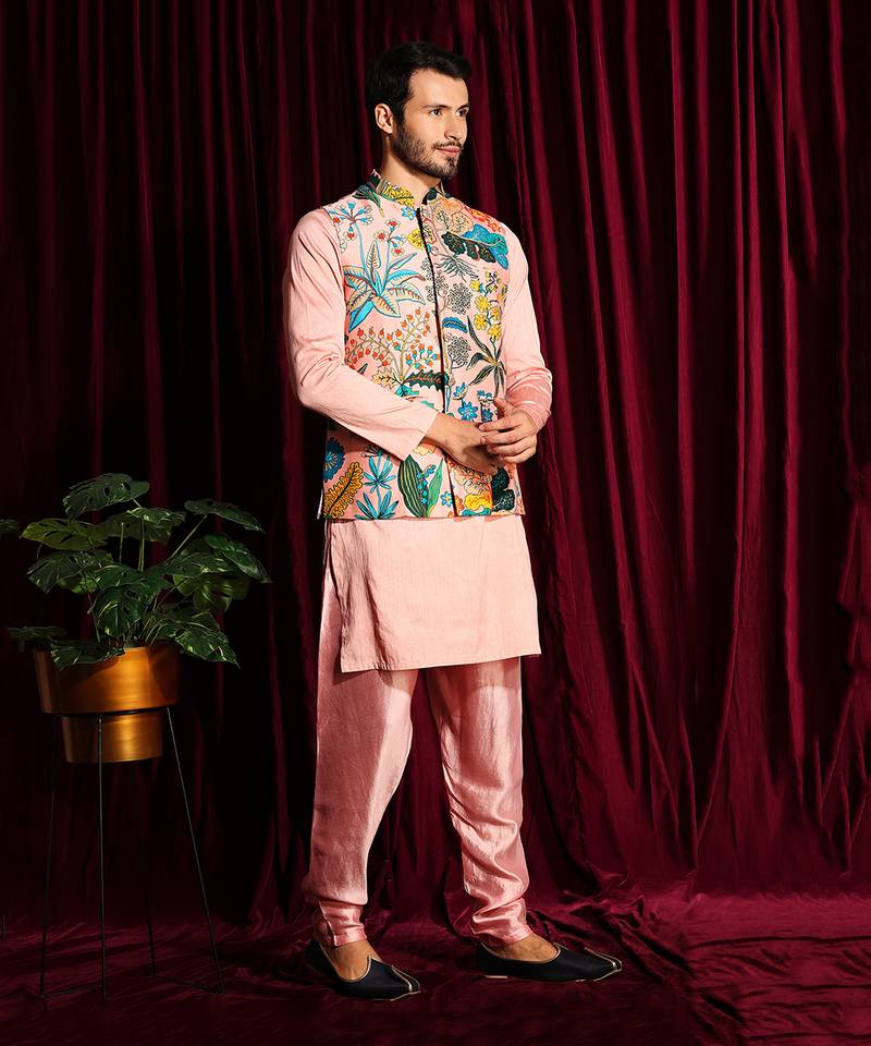 Blush Pink Cotton silk Kurta Chudidar with printed Raw silk Bundi Set