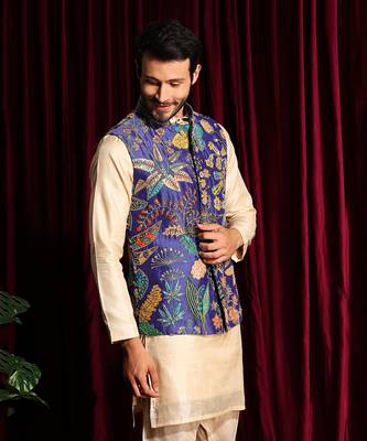 Off White & Purple Cotton silk Kurta Chudidar with Raw silk Embroidered Bundi Set 2