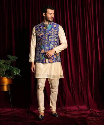 Off White & Purple Cotton silk Kurta Chudidar with Raw silk Embroidered Bundi Set 1