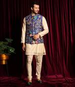 Off White & Purple Cotton silk Kurta Chudidar with Raw silk Embroidered Bundi Set
