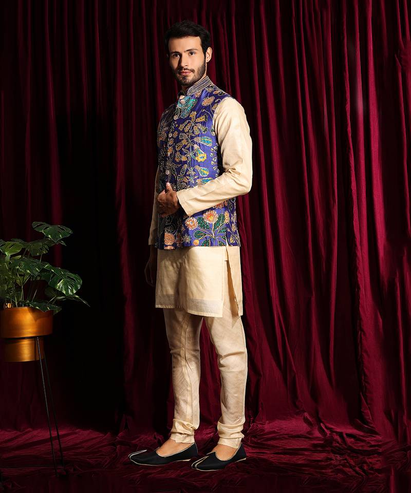 Off White & Purple Cotton silk Kurta Chudidar with Raw silk Embroidered Bundi Set