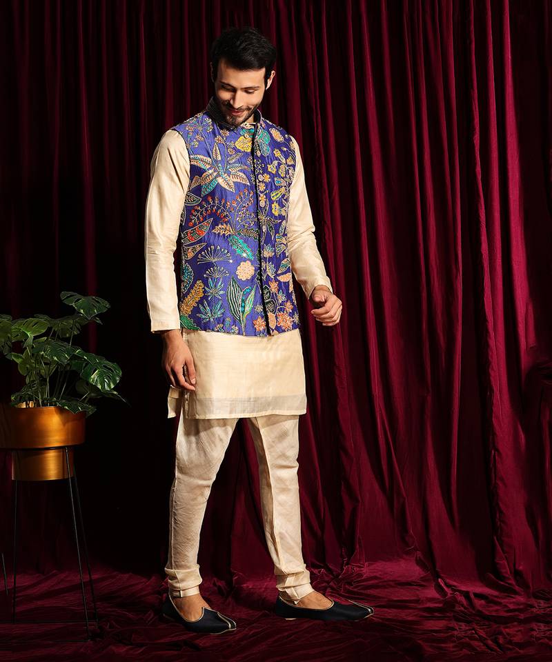 Off White & Purple Cotton silk Kurta Chudidar with Raw silk Embroidered Bundi Set
