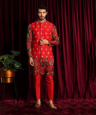 Red Printed Habutai Kurta paired with cottan silk pants and Raw silk Embroidered Bundi 1