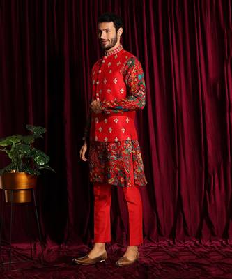 Red Printed Habutai Kurta paired with cottan silk pants and Raw silk Embroidered Bundi 2