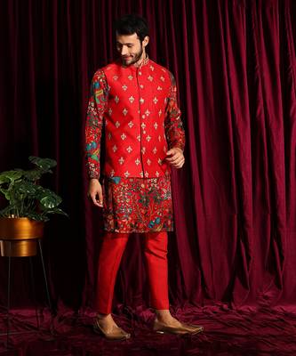 Red Printed Habutai Kurta paired with cottan silk pants and Raw silk Embroidered Bundi 3