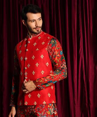Red Printed Habutai Kurta paired with cottan silk pants and Raw silk Embroidered Bundi 4