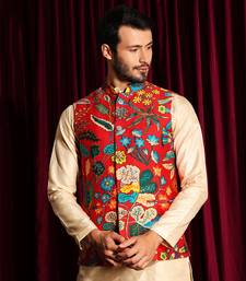 Off White & Red Cotton silk Kurta Chudidar with printed Raw silk Bundi Set