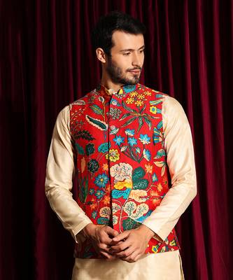 Off White & Red Cotton silk Kurta Chudidar with printed Raw silk Bundi Set 2