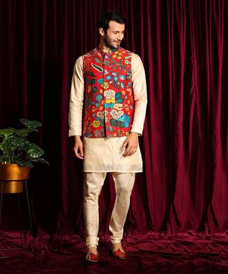 Off White & Red Cotton silk Kurta Chudidar with printed Raw silk Bundi Set 1