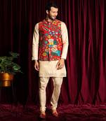 Off White & Red Cotton silk Kurta Chudidar with printed Raw silk Bundi Set