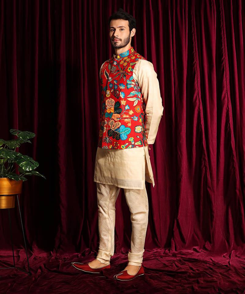 Off White & Red Cotton silk Kurta Chudidar with printed Raw silk Bundi Set